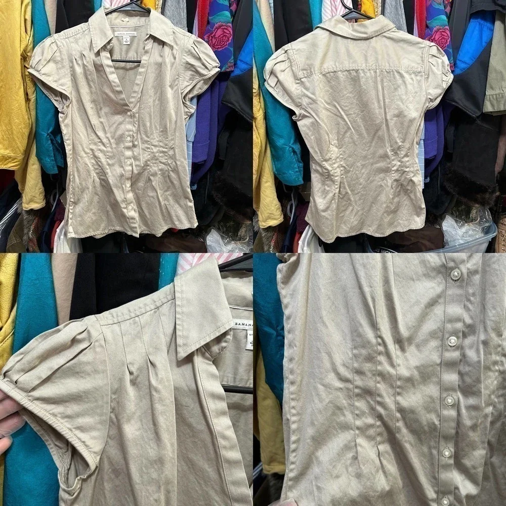 Banana Republic Tan Puff Sleeve Vneck Button Front Top Size 4 - 